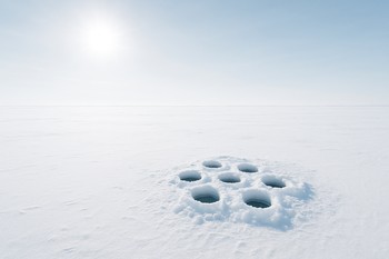 Row of several drilled ice fishing holes on a bright shallow shelf