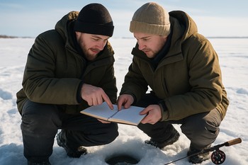 Two ice fishing partners sitting by a hole and sharing one field notebook