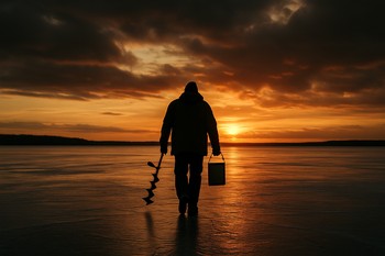 Solo angler walking across open ice carrying a small gear sled
