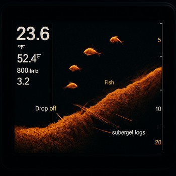 Portable sonar screen showing under-ice side view with clear depth scale
