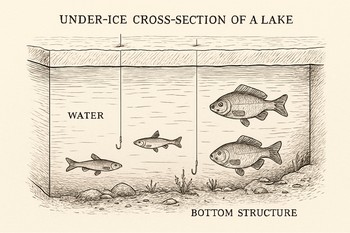 Illustrated under-ice cross section with depth bands and a lure path drawn across