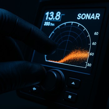 Angler hand adjusting a small sonar dial while watching the screen