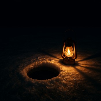 Deep basin ice fishing hole lit by a small lantern on dark evening ice