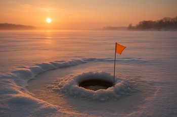 Shallow ice fishing hole on a sunrise shelf with a small strike flag