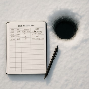 Open logbook and pen lying on clean snow beside an ice hole