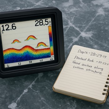 Portable sonar screen and notebook placed side by side on the ice
