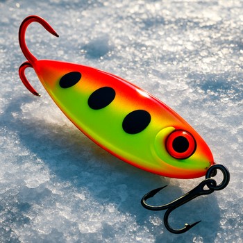 Bright, noisy spoon rig placed on the ice with visible hooks and colours