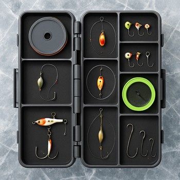 Top-down view of an open tackle box with different ice fishing rigs