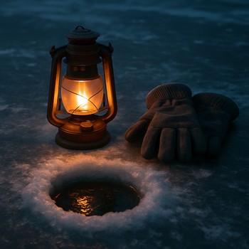 Lantern and wool gloves lying beside a single ice fishing hole during blue hour