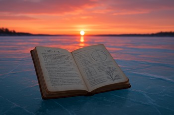 Ice angler kneeling on the ice at sunset and writing into a small field logbook