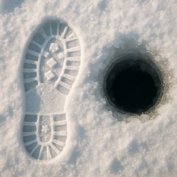 Boot print next to an ice hole with a rod resting on the snow