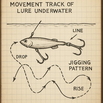 Notebook sketch of a lure track with short marks and bite symbols