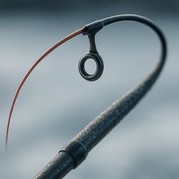 Close-up of a rod tip making a tiny controlled movement above an ice hole