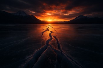 Wide view of ice cracks lit by orange sunset over a frozen lake
