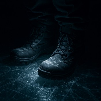 Boots standing on dark ice at night with visible surface texture