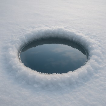 Close-up of a silent ice fishing hole on a calm winter day