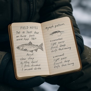 Ice angler holding an open notebook with two pages filled with small notes