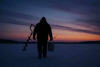 Ice angler walking away across the ice at dusk carrying a small sled