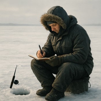 Solo ice angler sitting on a stool and writing into a notebook beside a hole