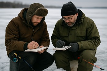 Two ice anglers kneeling by a hole and marking notes together in a notebook