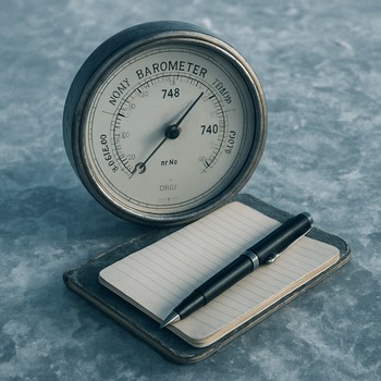 Field pressure gauge and pen resting on a small notebook on the ice