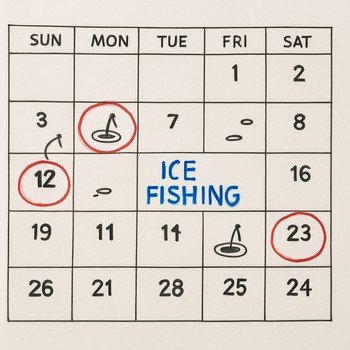 Close-up of a calendar page with small ice hole sketches instead of dates
