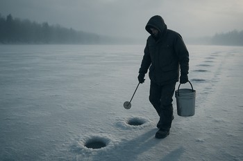Angler walking along a line of drilled ice holes carrying a rod