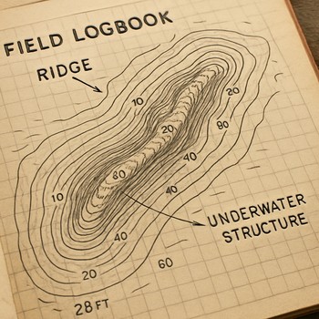 Field logbook page with a hand drawn ridge map and numbered holes