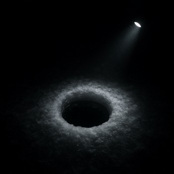 Night view of a single glowing ice fishing hole on a calm lake