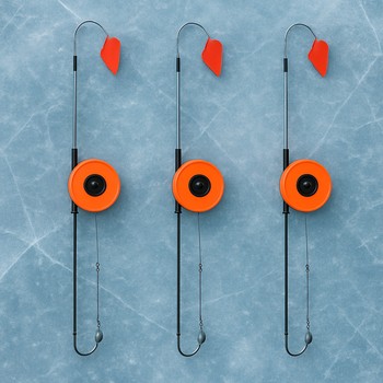 Small spread of familiar ice fishing rigs laid out on the ice