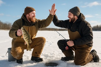 Two ice anglers sharing a quick high-five next to a drilled hole