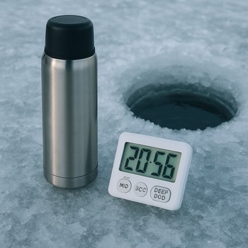 Thermos and small timer lying beside a notebook on the ice