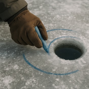 Ice angler marking a depth number next to a drilled hole with a pencil