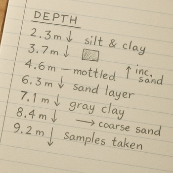 Close-up of handwritten depth notes and numbers on a notebook page