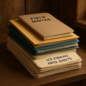 Stack of experiment notebooks and folders tied together with a simple cord