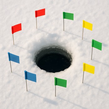Small coloured flags planted in the snow around an ice fishing hole