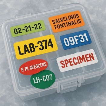 Plastic tackle box covered with coloured experiment stickers and tags