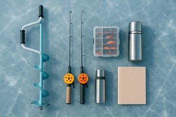 Flat lay of a minimal ice fishing kit arranged neatly on blue ice