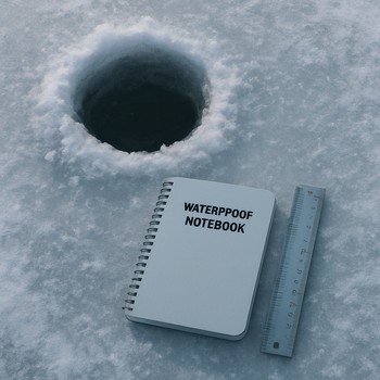Small notebook and ruler lying next to a freshly drilled ice hole