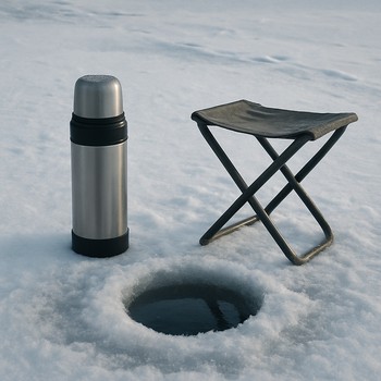 Compact stool and thermos standing beside a single ice fishing hole