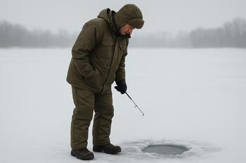 Ice angler standing still and looking across the lake before moving