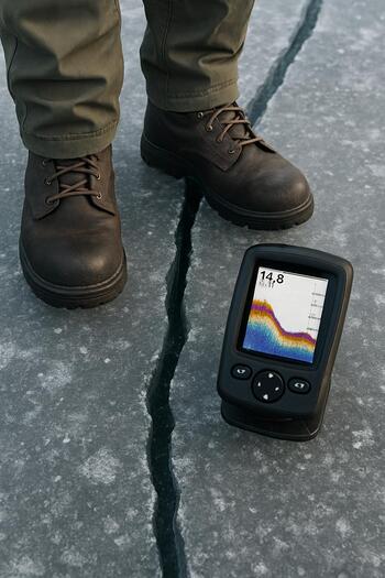 Boots and portable sonar standing near a wide crack on the ice