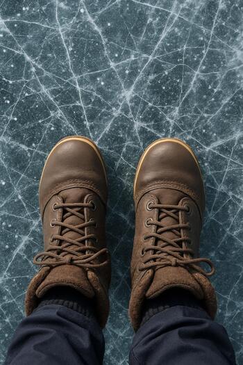 Boots standing on visibly cracked ice with snow dust patterns