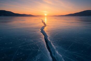 Wide winter lake view at sunrise with fine cracks running through the ice