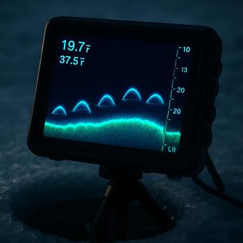 Portable sonar screen showing curved fish arches at mid depth
