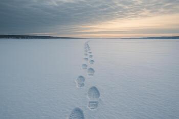 Boot tracks leading across open ice toward the winter horizon