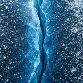 Close-up of a blue ice crack and snow dust on a frozen lake