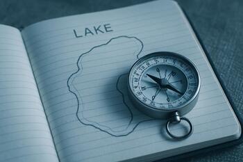 Notebook with a hand drawn lake map and a small compass resting on the pages