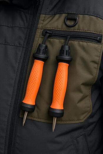 Pair of ice picks clipped to the front of a winter jacket