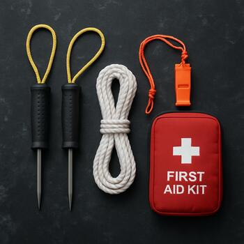 Flat lay of basic ice safety gear arranged on the snow